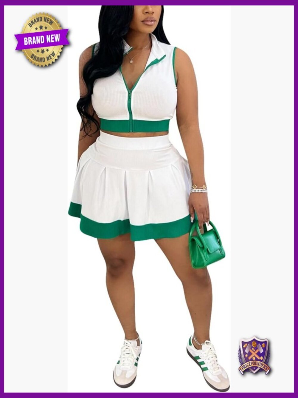 Summer 2 Piece Skirt Set Crop Top Pleated Short Skort